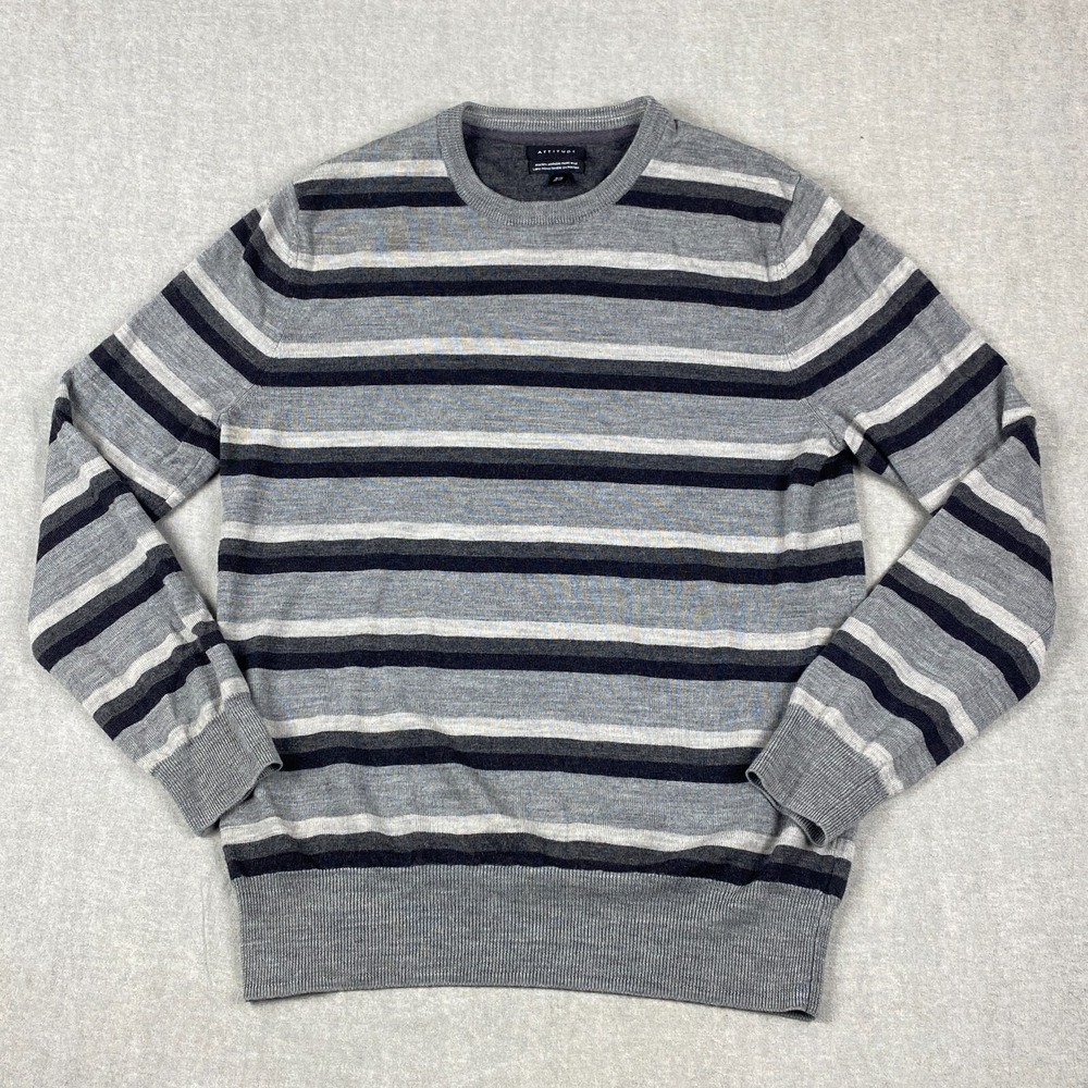 Attitude Sweater Mens Medium 100% Merino Wool Gray Stripe Crewneck Pullover Knit